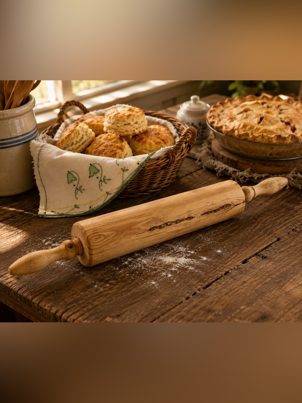 Handcrafted Hardwood Rolling Pin & Vintage Embroidered Linen Bread Basket Towel